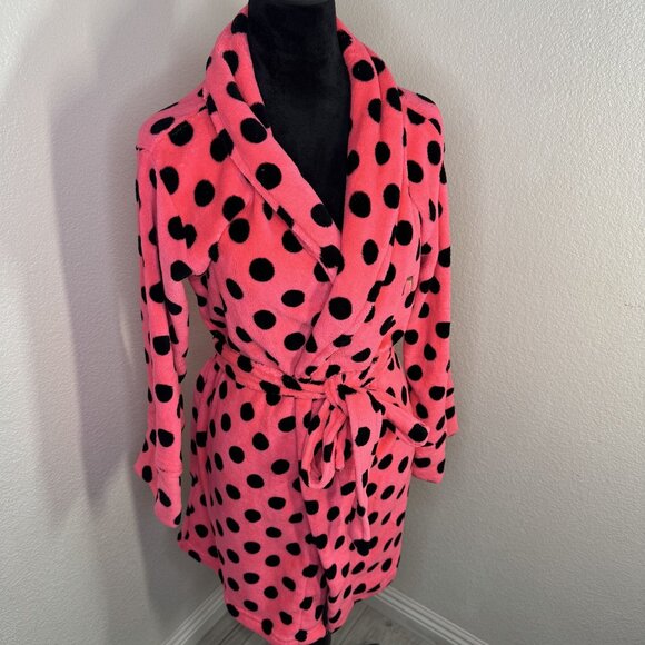 PINK‎ Polka Dot Fleece Robe With Belt XS victorias secret - Picture 1 of 8